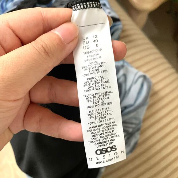 ASOS DESIGN Long Sleeve Mesh Midi Dress with Tie Waist Detail Blue Swirl Print - Picture 12 of 12